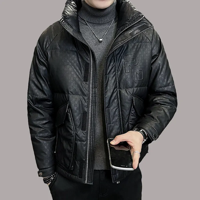 Fashion Men's PU leather White Duck Down Jackets Fall Winter Warm Puffer Down Coats Male Solid Thick Down Parkas Outwear