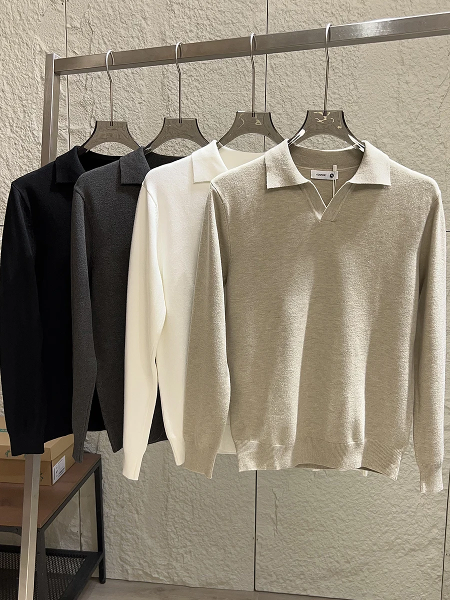 Autumn Winter Men's Breathable Skin-friendly Pure Color Versatile Turn-down Collar Knitted Sweater Italian Small V-neck Knitwear