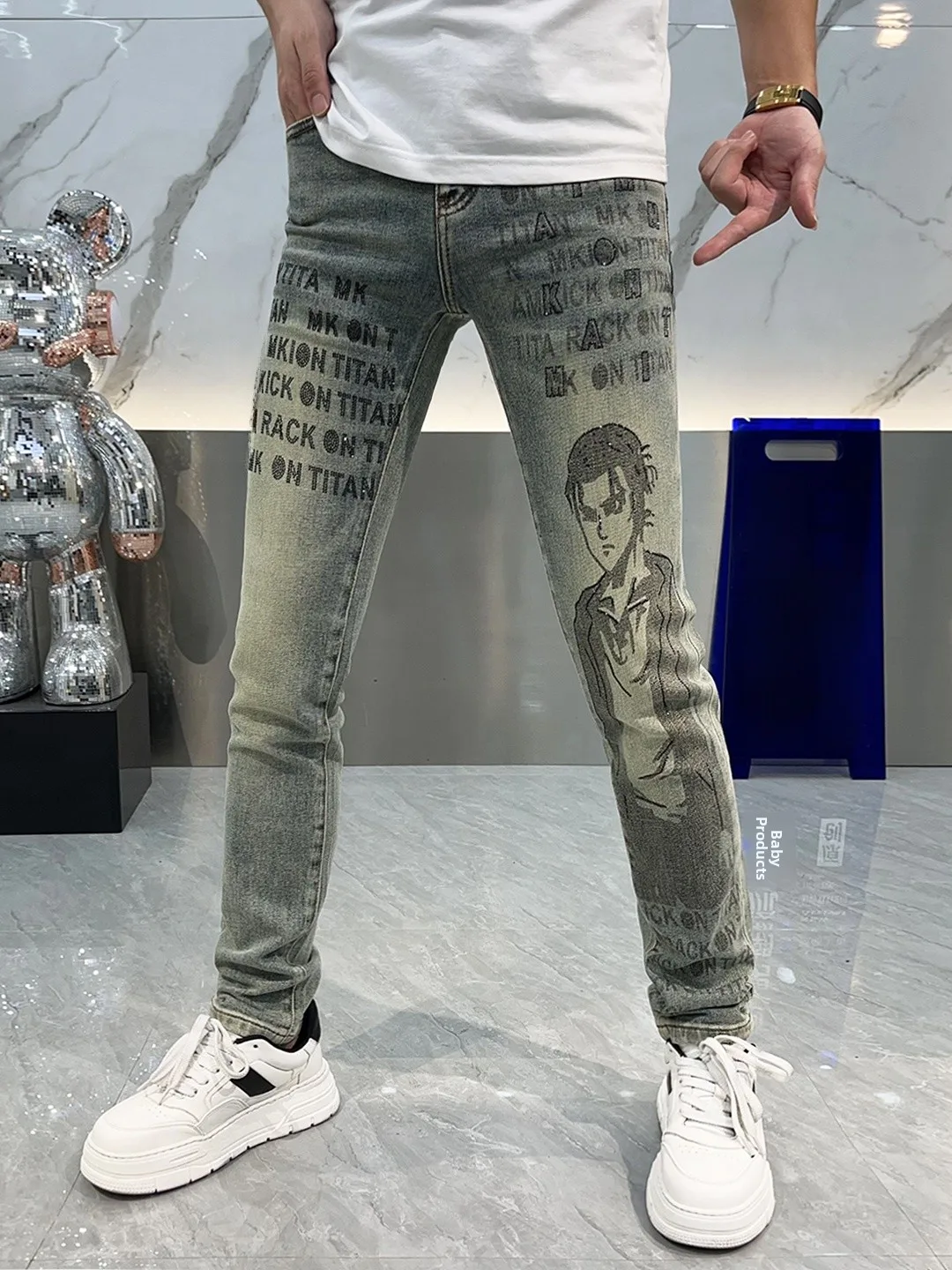 

Faionable Cartoon Rhinestone Denim Pants Men's Printed Slim Fit Long Trousers Autumn 2025 Sli Casual Breathable Soft