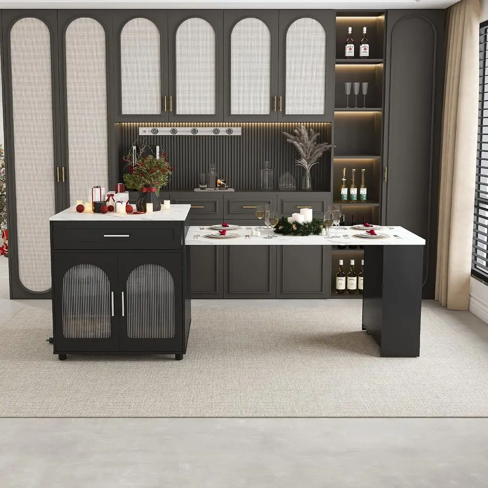 

80 Expandable Solid Wood Kitchen Island - Black Countertop with Power & USB Ports, Double-Side Storage Cart