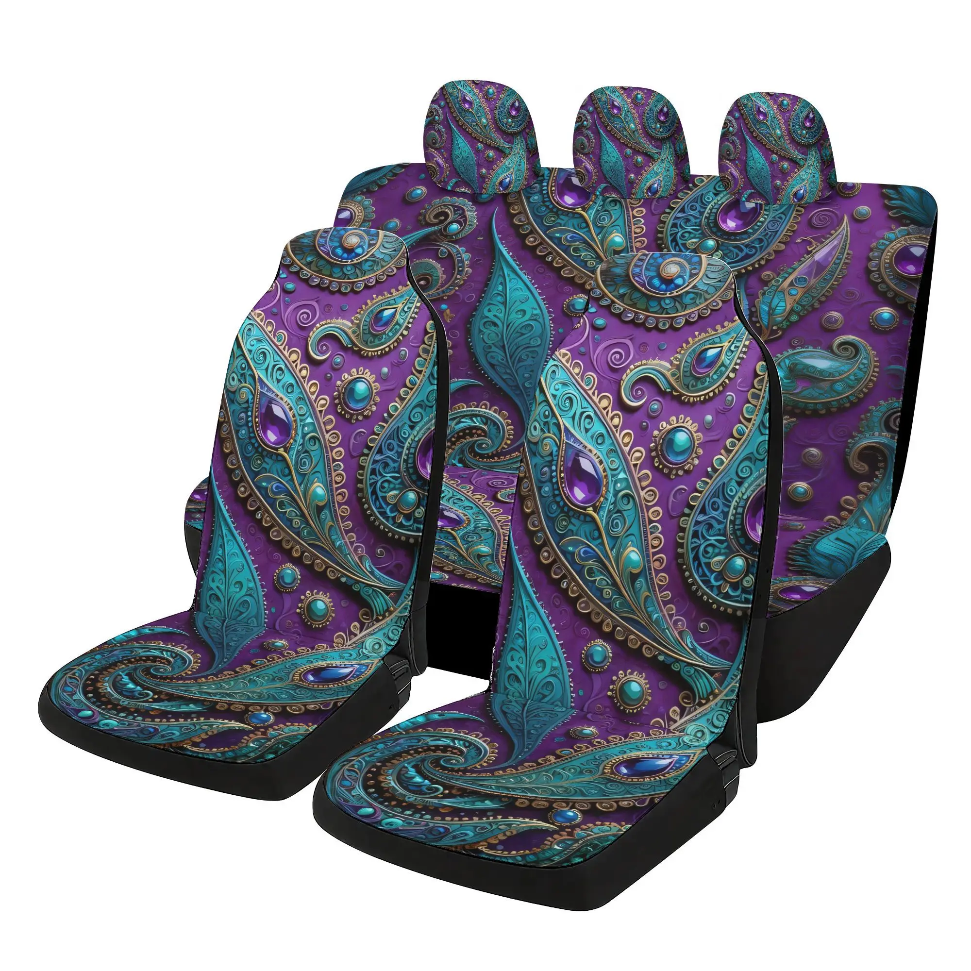 Peacock Feather Paisley Pattern Car  Covers Set - 7pcs, Including 2 Front  Covers + 1 Rear  Back Cover + 1Rear