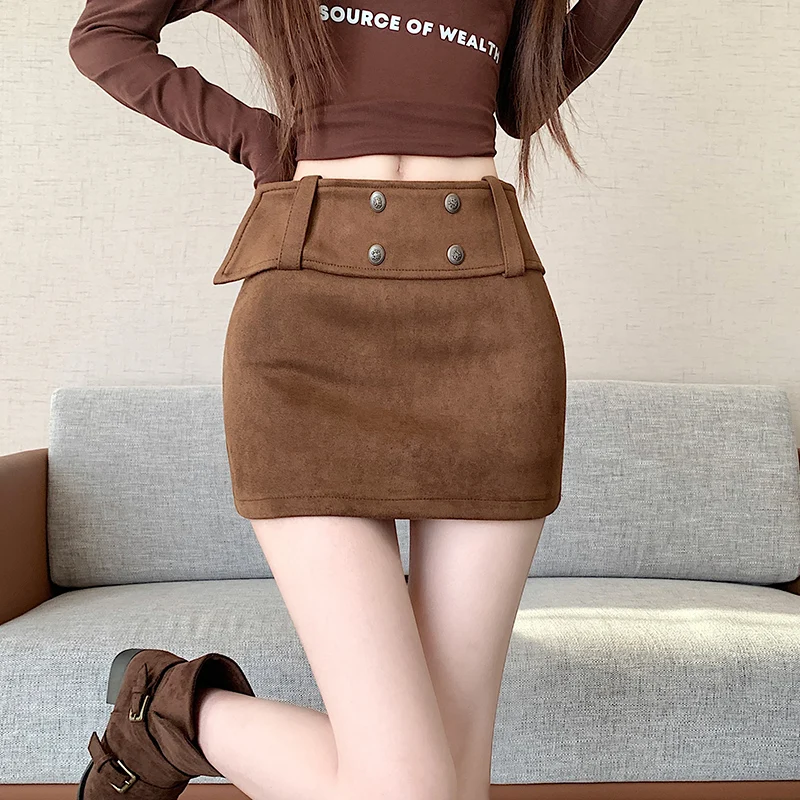 Slimming Effect Deer Skin Velvet Half-length Skirt Women's High-waist A-line Short Skirt Stylish Commute Design Korean Style