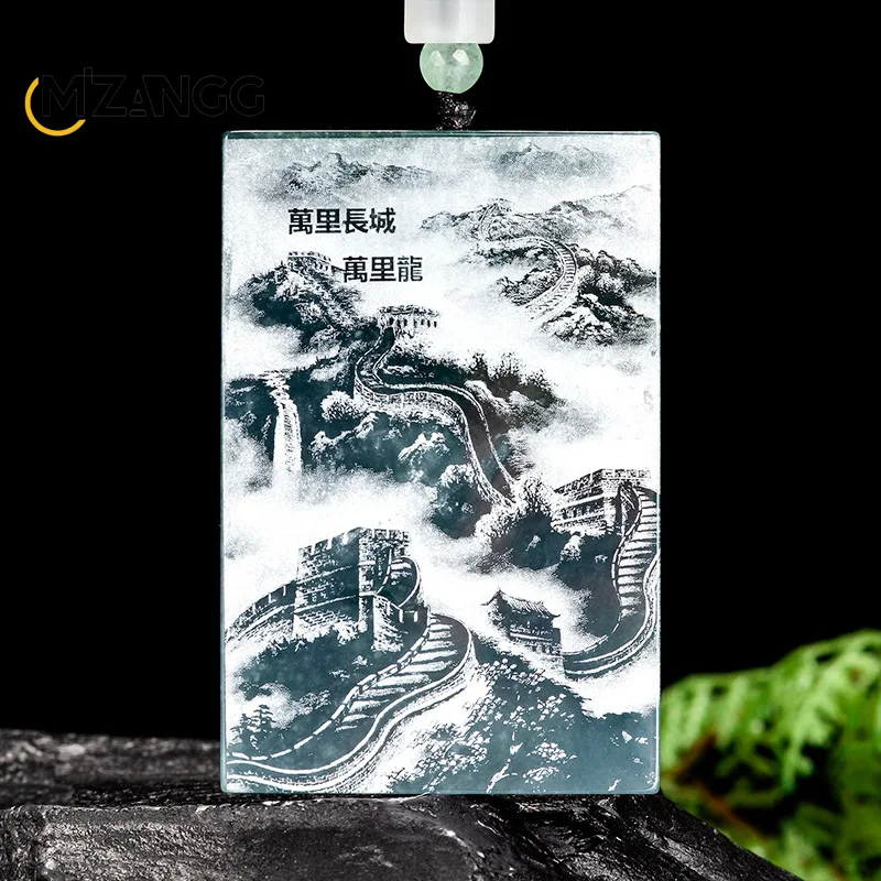 High-grade Natural Jadeite Blue Water Shadow Carving Dragon Pendant Ice Kind Great Wall Dragon Men's and Women's Necklace Amulet