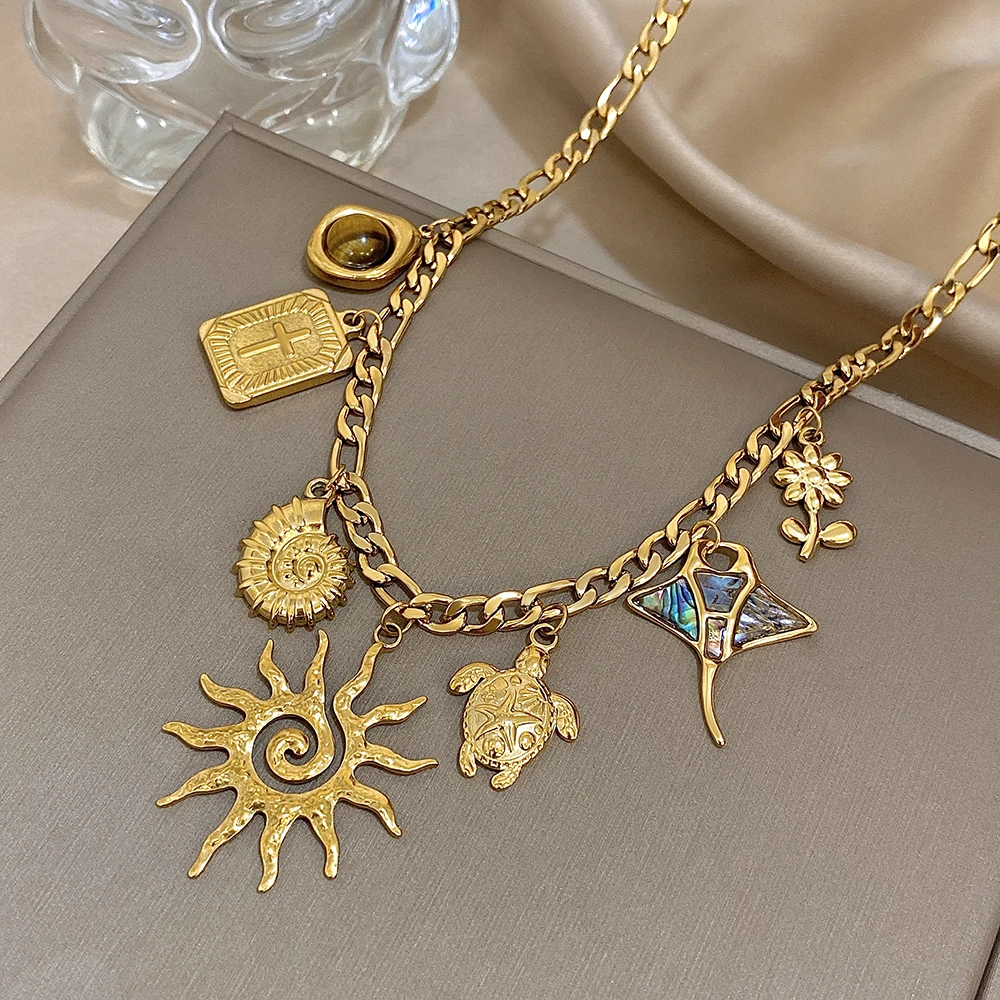 

Elegant Stainless Steel Choker Necklace for Women Ocean Style Starfish Conch Sea Turtle Sun Pendant Necklace Summer Neck Jewelry