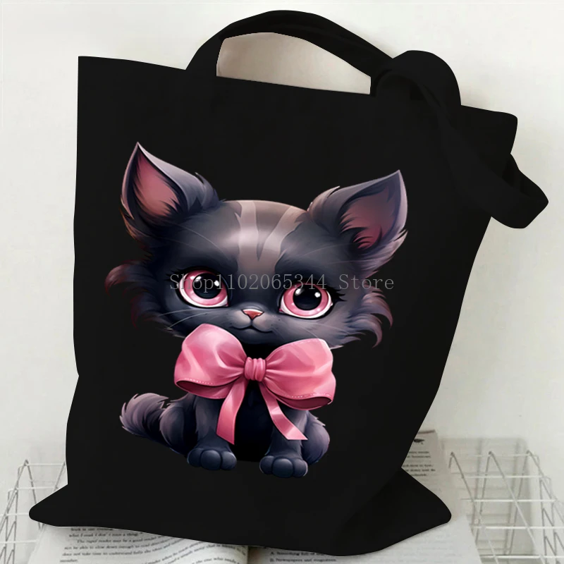 Girls Halloween Demon Black Cat Witch Tote Bags Gothic Rose Animal Kitten Lover Shopping Bag Harajuku Fashion Cat Women Handbags