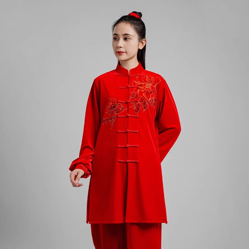 Kun Master Thicken Velvet Taichi Uniform Elegant Winter Martial Arts Suit Embroidery Kung Fu Clothes Taiji for Women