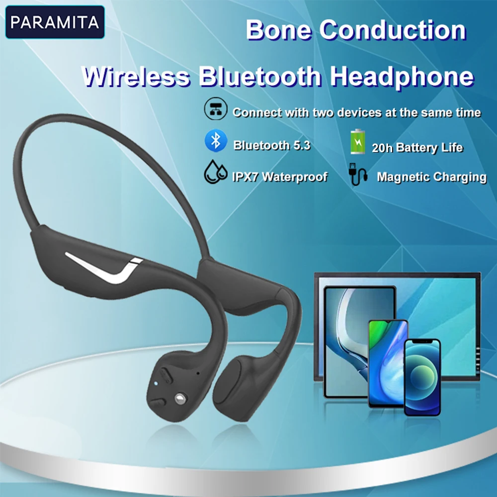 

PARAMITA Real Bone Conduction Wireless Bluetooth Headphone Button Control with MIC BT 5.3 Night Light IPX7 Waterproof for Sport