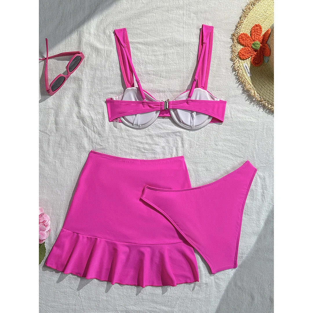 3-teiliges Set mit Rüschenrock, Bügel-Bikini, Damen-Badeanzug, Damen-Bademode, dreiteiliges Bikini-Set, Badebekleidung, Badeanzug, Schwimmbekleidung V7683H – Detail 11