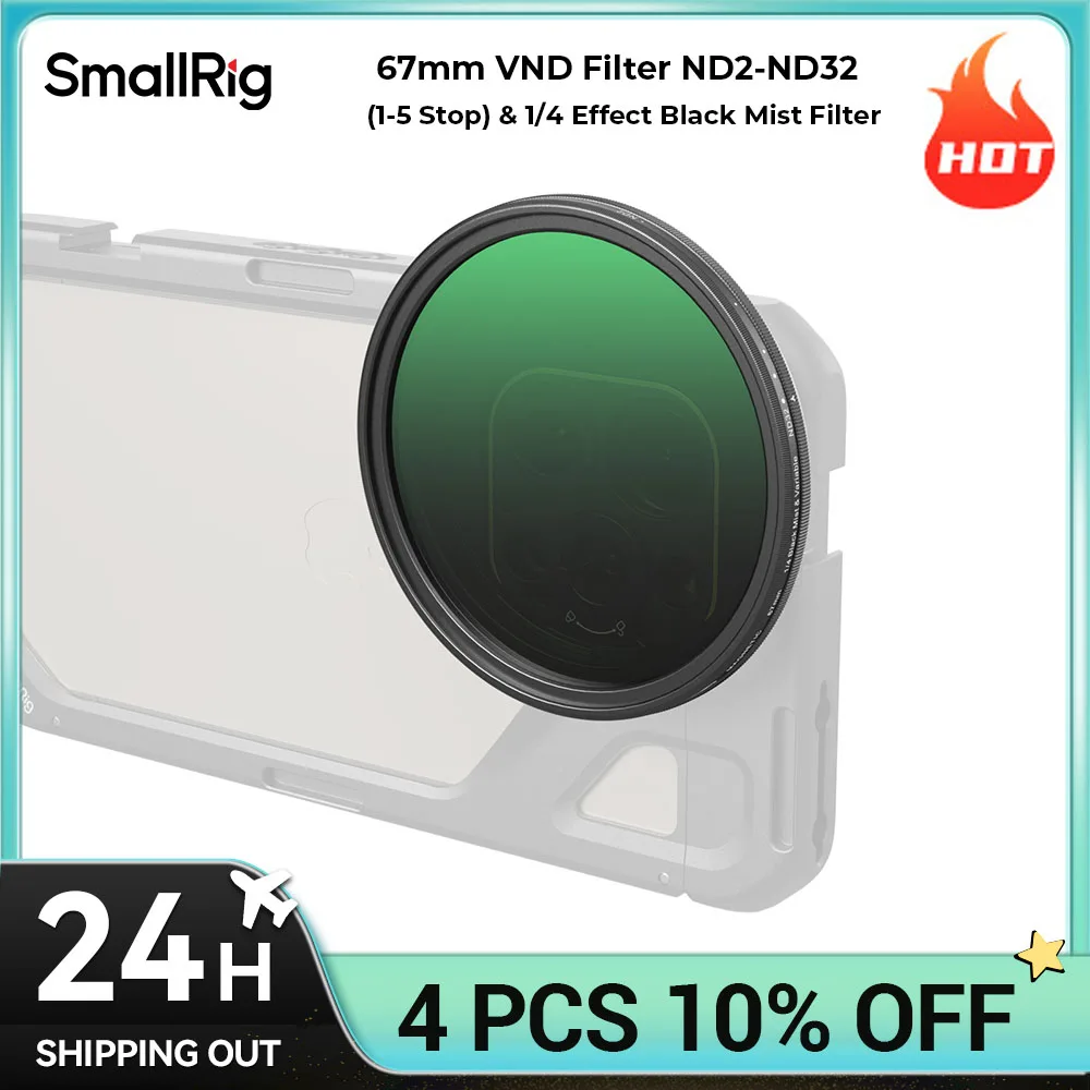 مرشح VND مغناطيسي قابل للفصل 67 مم من SmallRig ND2-ND32 (1-5 توقف) ومرشح رذاذ أسود بتأثير 1/4 5170