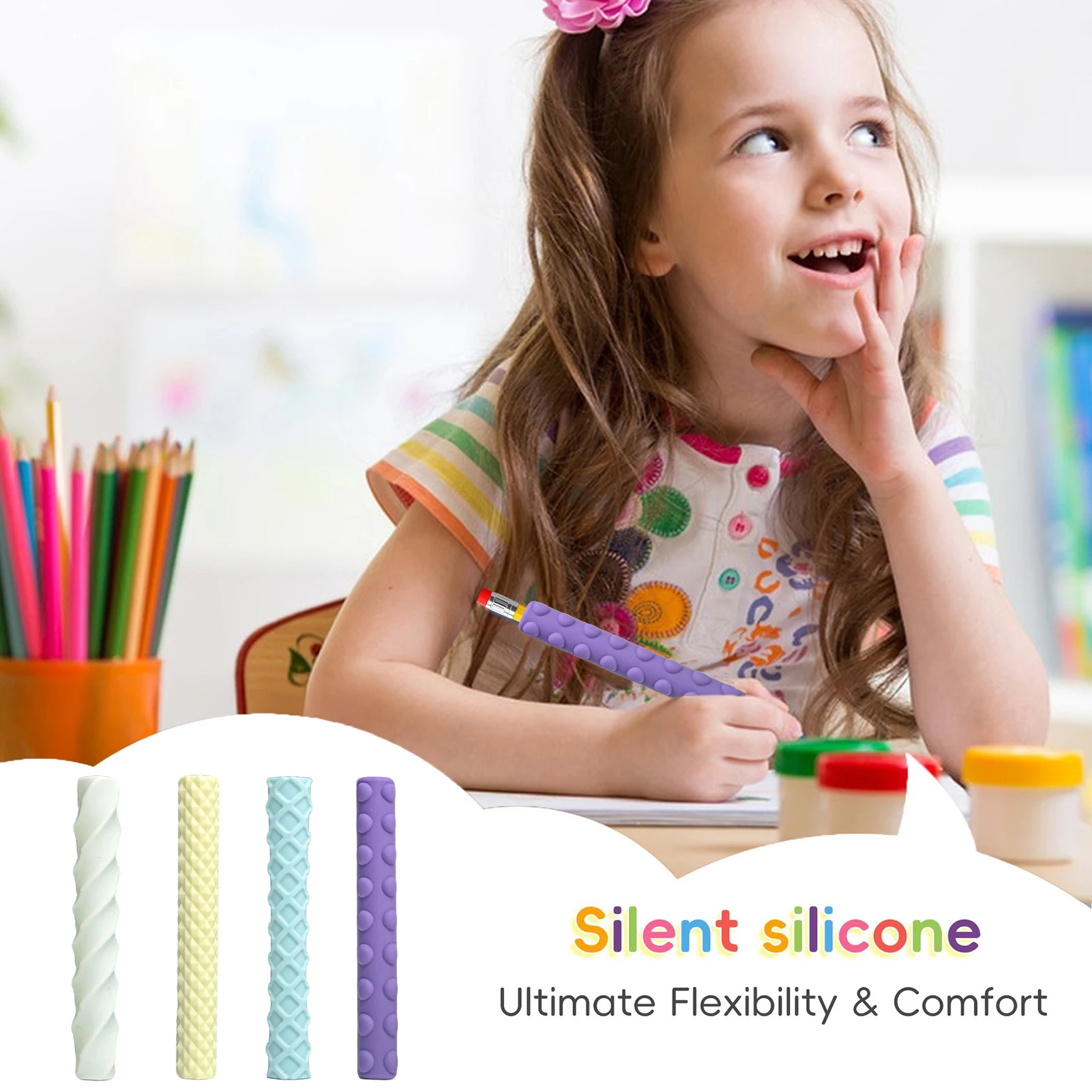 Couvre-crayons texturés en Silicone, 4 pièces, soulagement de l'anxiété et du Stress, manchon de crayon coloré, enfants adolescents étudiants, jouet sensoriel assez Fidget