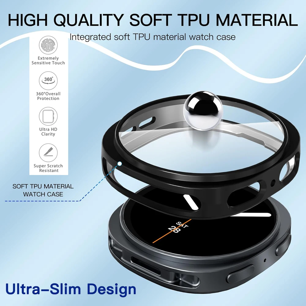 Закаленное стекло + чехол для часов из ПК для Samsung Galaxy Watch 8, 40 мм, 44 мм, аксессуары с ТПУ, чехлы для Galaxy Watch 8, протектор
