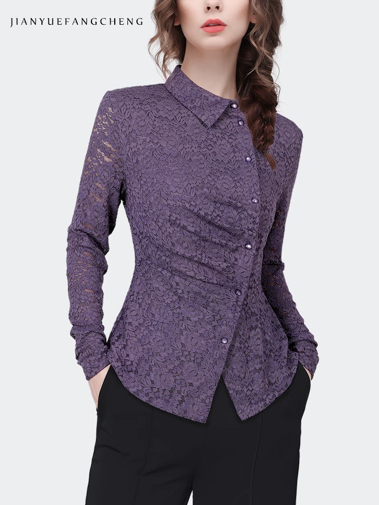 Fashion Women\' Skew Neck Purple Lace Shirt 2024 Spring Summer Tops Elegant Slim Hollow Out Floral Casual Blouses