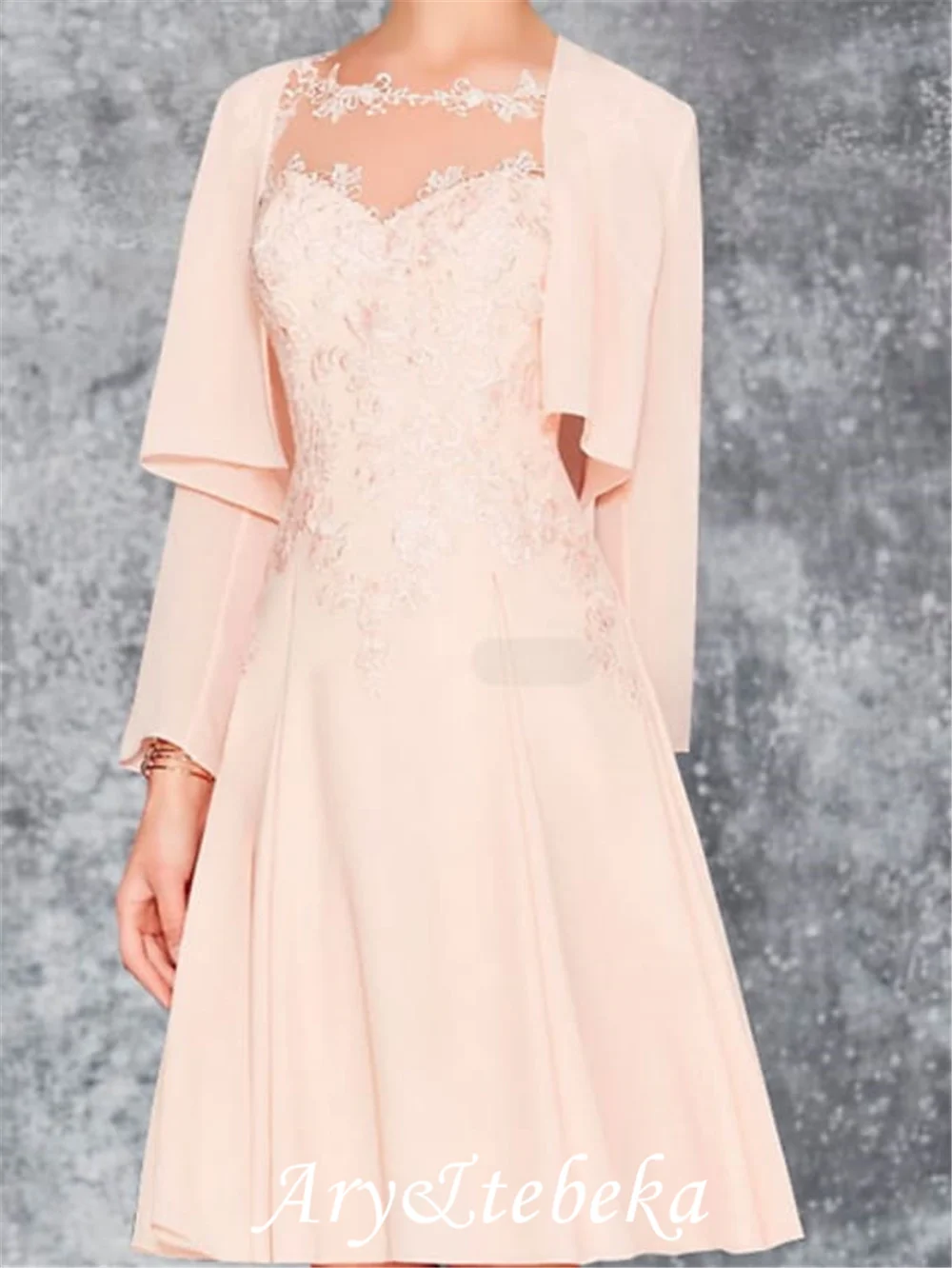 

A-Line Mother of the Bride Dress Wrap Included Jewel Neck Knee Length Chiffon Lace Long Sleeve with Appliques Ruching