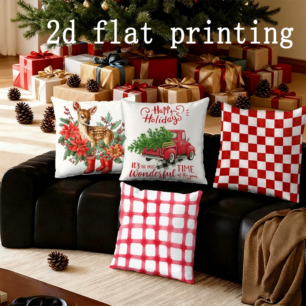 Home Decor Holiday-themed Checkered & Deer Pillows Suitable For Sofa Bedroom Car Pillow Cover Cushion Rectangular Back Cushion