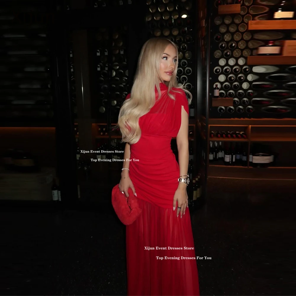 

Xijun Sexy Red Chiffon Long Evening Dresses Sleeveless Mermaid Birthday Party Dresses Pleated High Collar Prom Gowns Customize