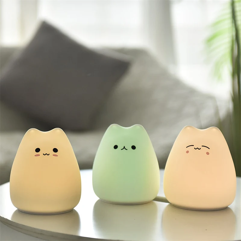 LED Cat Night Light for Kids Soft Silicone Touch Sensor 7 Colors Changing Cartoon Sleeping Lamp for Bedroom Nursery Decoration