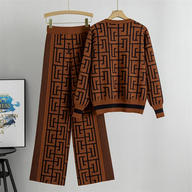 Women Fall Printed Two-piece Set Casual Long Sleeve O-neck Pullover and High Waist Wide Leg Pants Vintage Winter Loose Knit Suit