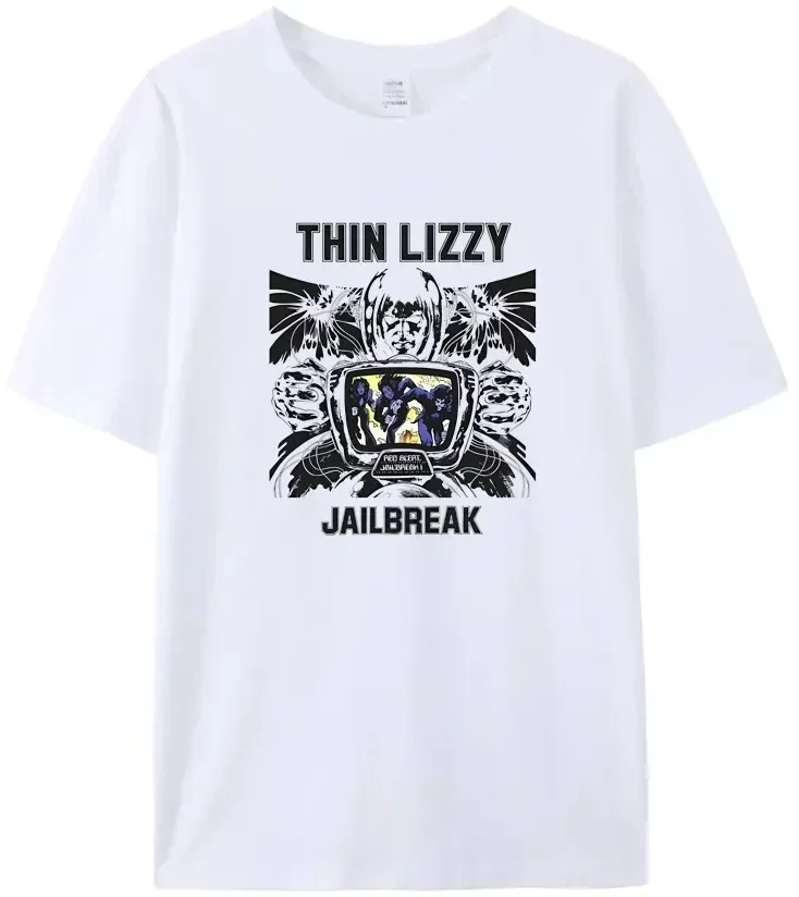 2024 Men\'s T-shirt  100% CottonHarajuku T-shirt Thin Lizzy Retro Cotton JAILBREAK Women\'s Popular Letter Print Black Tee