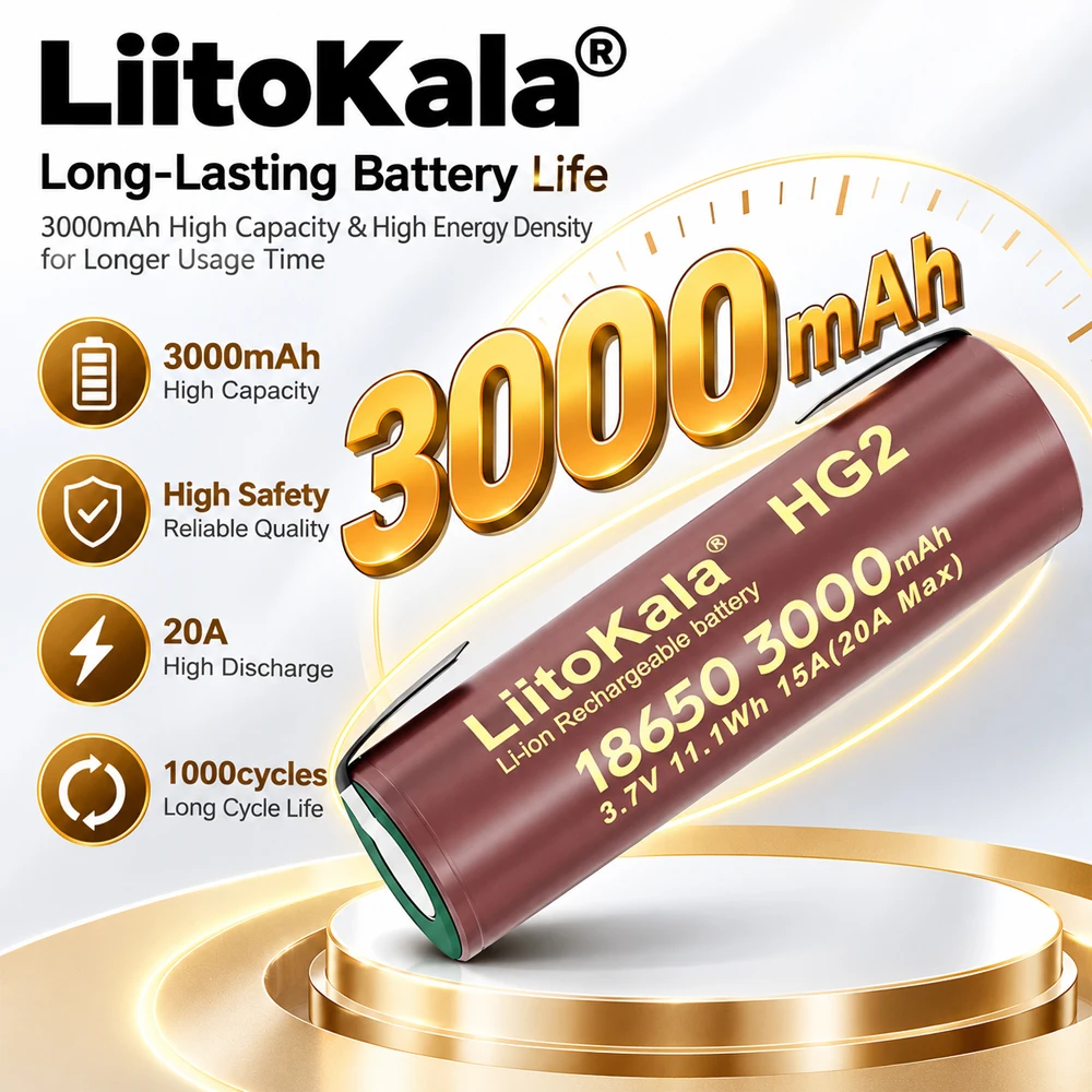 LiitoKala HG2 18650 3000mAh 3.7V High Power Discharge Rechargeable Battery for Electric Drill Speaker with 30A Large Current