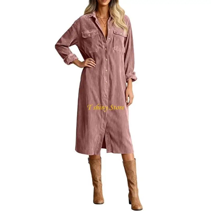 N58F Women's Corduroy Long Sleeve Dress with Stylish Collar Professional Look Soft Warm Fabric Fashion Short Dresses