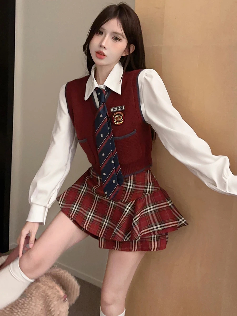 Korean College Style Jk Set Embroidered Slim Fit Open Cardigan Vest Shirt High Waist Color Block Plaid Skirt Three Piece Set