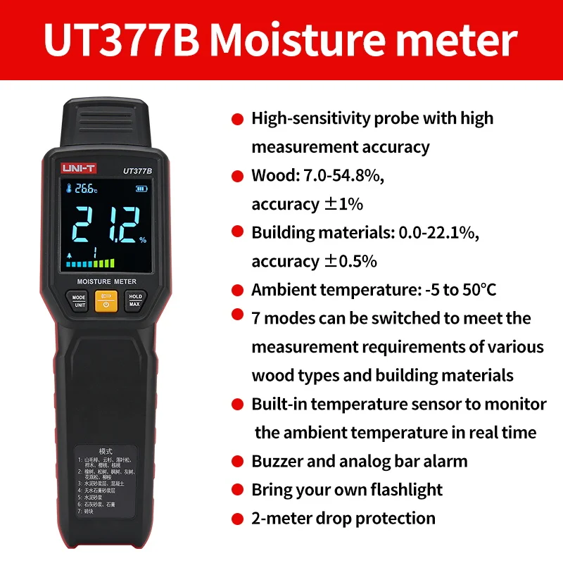 UNI-T UT377B Digitale Houtvochtmeter Wandvochtigheidstester Hout Hygrometer voor Houtbewerking Meubelconstructie