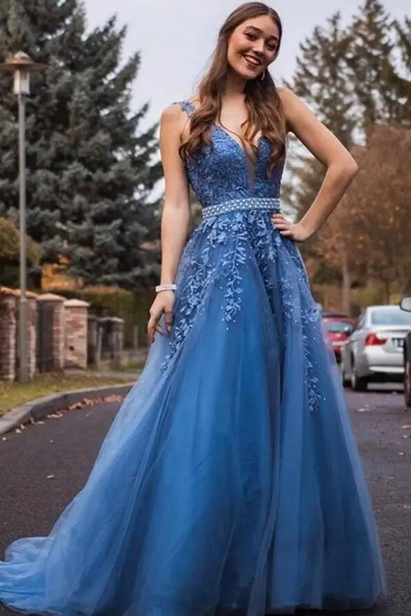 New Fairy Tulle Evening Dress Beaded Lace V-Neck Long Prom Dresses Blue Elegant  A-Line Appliques Sleeveless Robe Soiree