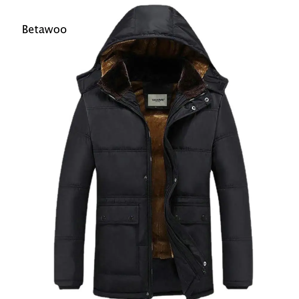 Autumn Winter Mens Mid Length Hooded Coat Thick Fleece Interior Multiple Storage Pockets Zip Up Casual Cold Proof Outer Top