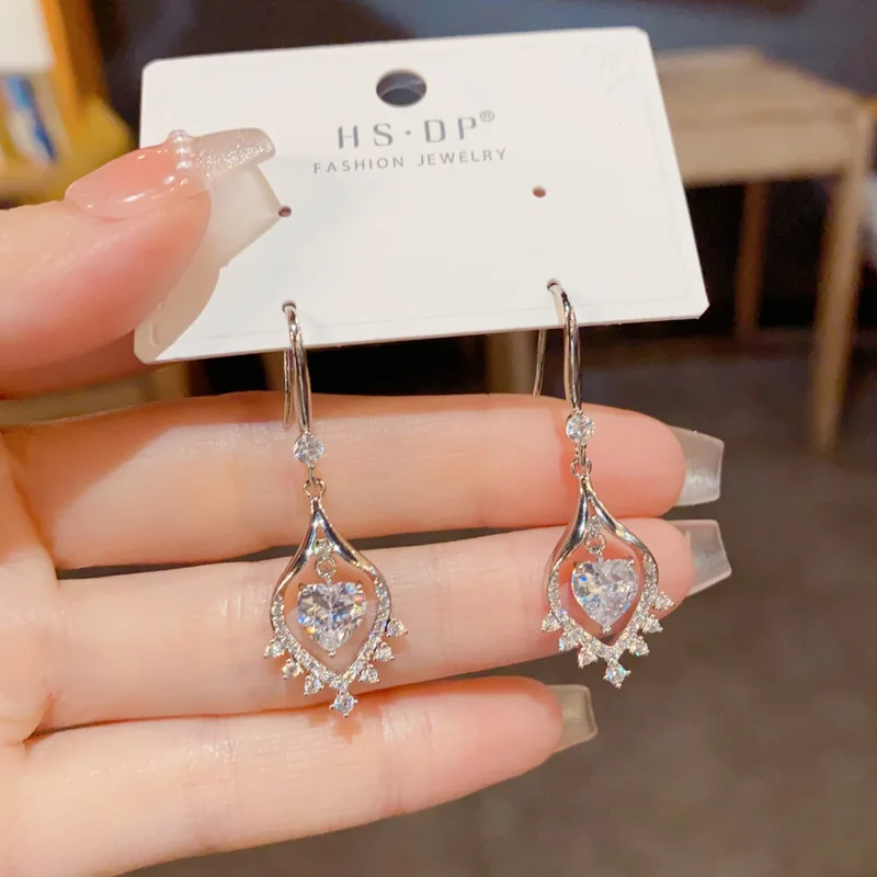 Korean Fashion Design Zircon-Encrusted Love Water Drop Fringed Ear Hook Exquisite Versatile Premium Earrings Women