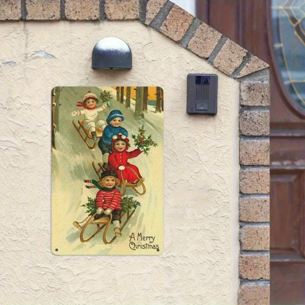 لافتة قصدير معدنية عتيقة لعيد الميلاد مقاس 12 × 8 بوصة - ديكور حائط ريفية للأطفال على زلاجات عيد ميلاد سعيد، شريط منزلي متين للاستخدام الداخلي والخارجي Ca