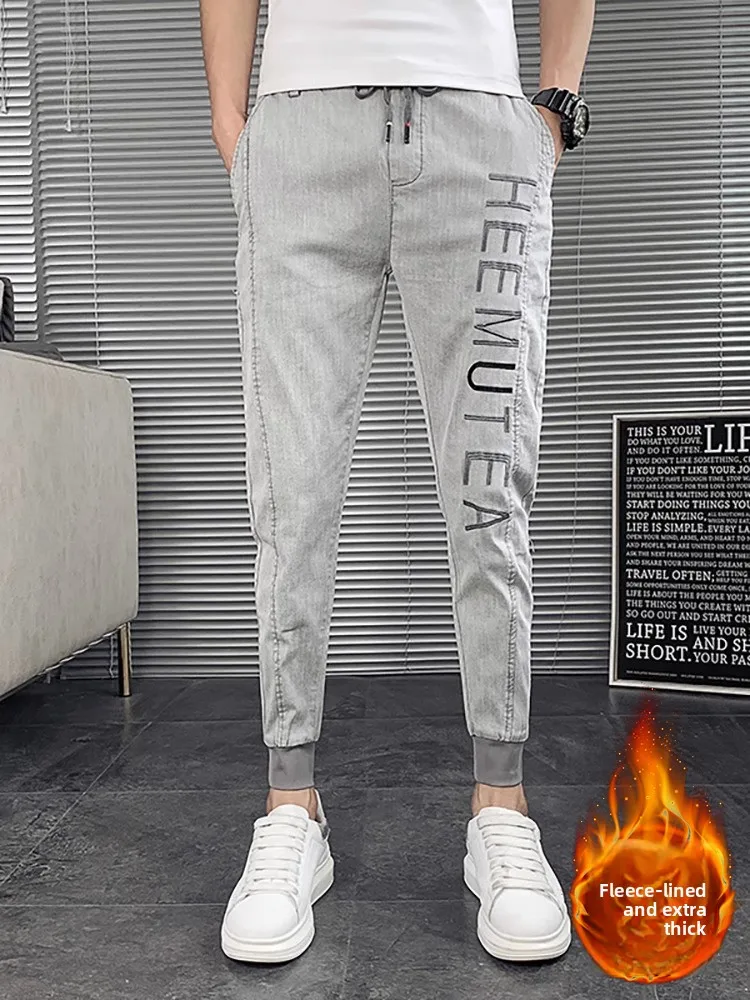 

Мужские джинсовые джинсы на подкладке Fce, повседневные эластичные длинные брюки с манжетами, осень-зима, новый молодежный бренд Faion