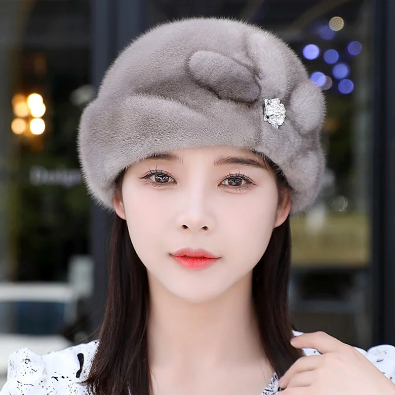 2023 New Full Mink Women's Beret Korean Edition Winter Outdoor Fashion Warm Fisherman Hat Real Mink Thickened Ear Protection Hat