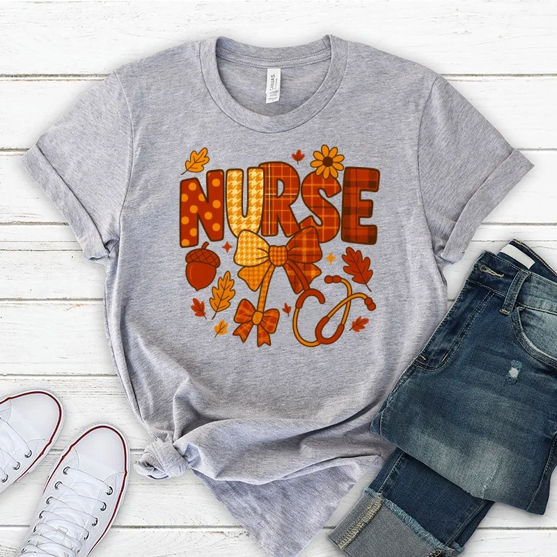 Nurse Acorn Stethoscope Houndstooth Print Short sleeve t-shirt Halloween women's clothing Colorful top Tee Best gift for Women