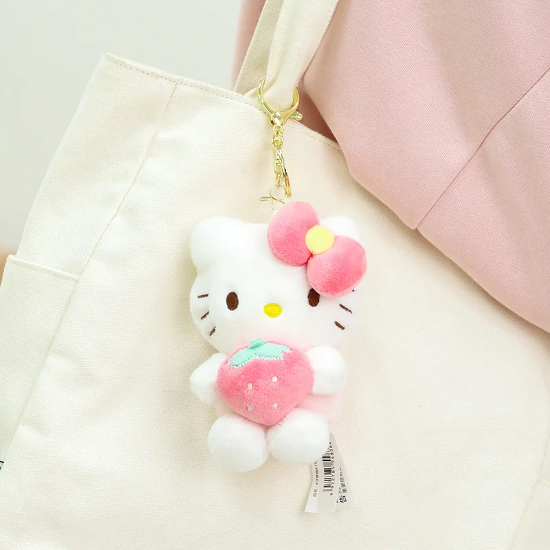 LLavero de juguete de peluche de fresa de Hello Kitty Sanrio KT gato lindo de dibujos animados muñeco relleno suave colgante bolsa accesorios llavero de coche regalo