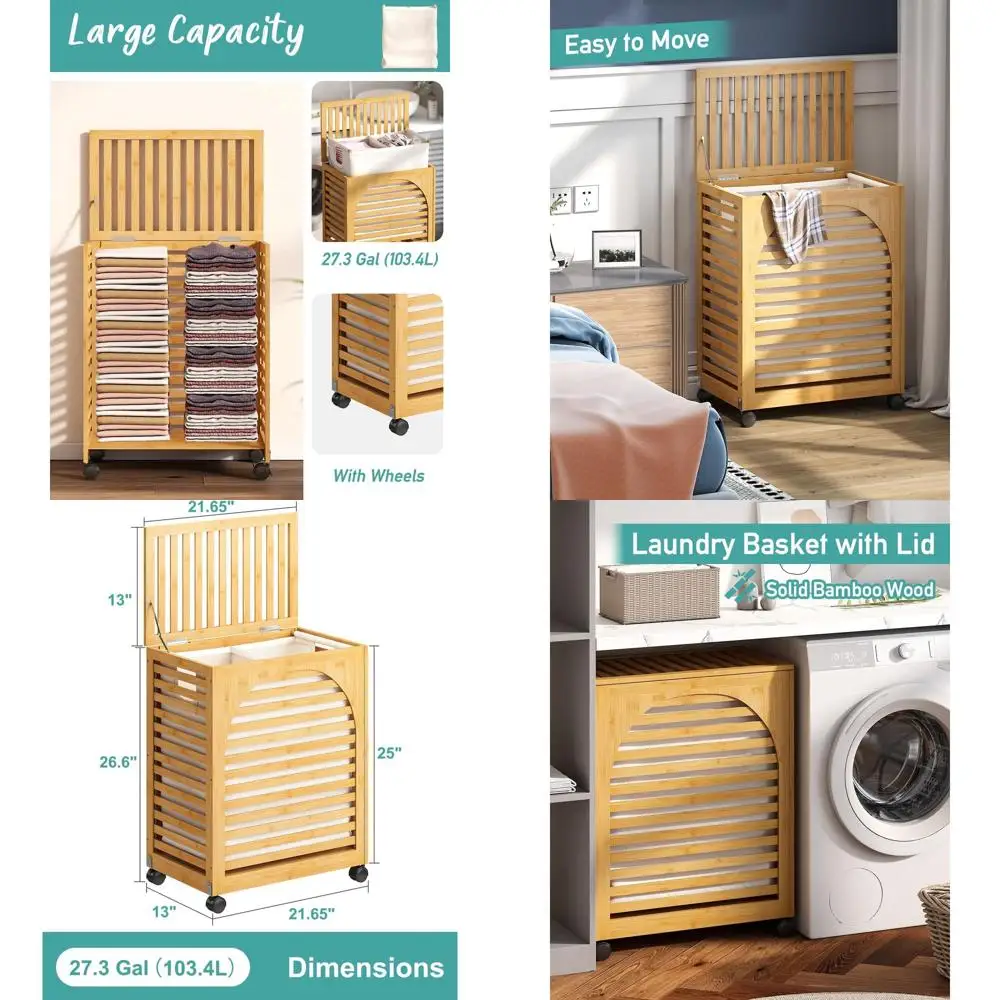 

Wheeled Bamboo Hamper, Large 2-Section Laundry Basket with Lid and Removable Liner, 103.4L Capacity