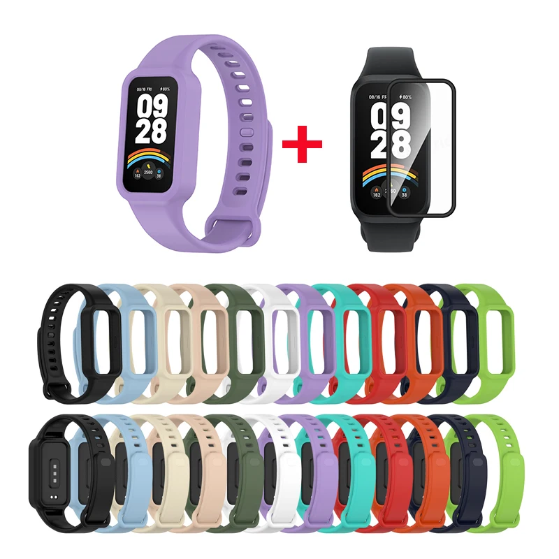 2in1 Strap+Film For Xiaomi Smart Band 9 Active Silicone Strap For Redmi Band 3 Strap With Screen Protector Full Cover Film