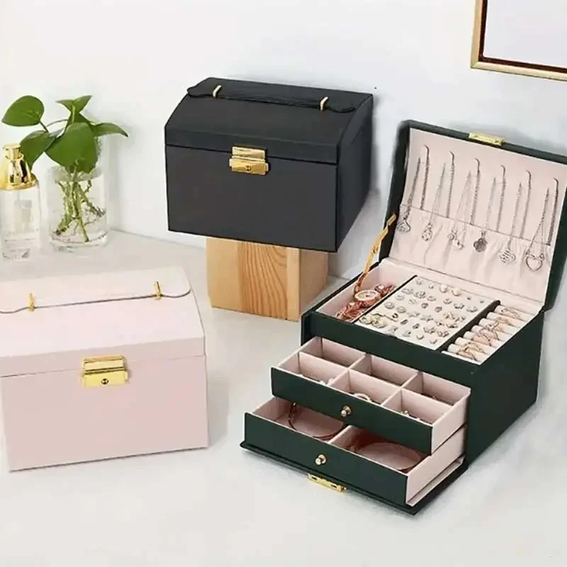 Three Drawer PU Leather Jewelry Box With Security Key Lock, Handheld Earring Ring Necklace Storage Display Case view 4