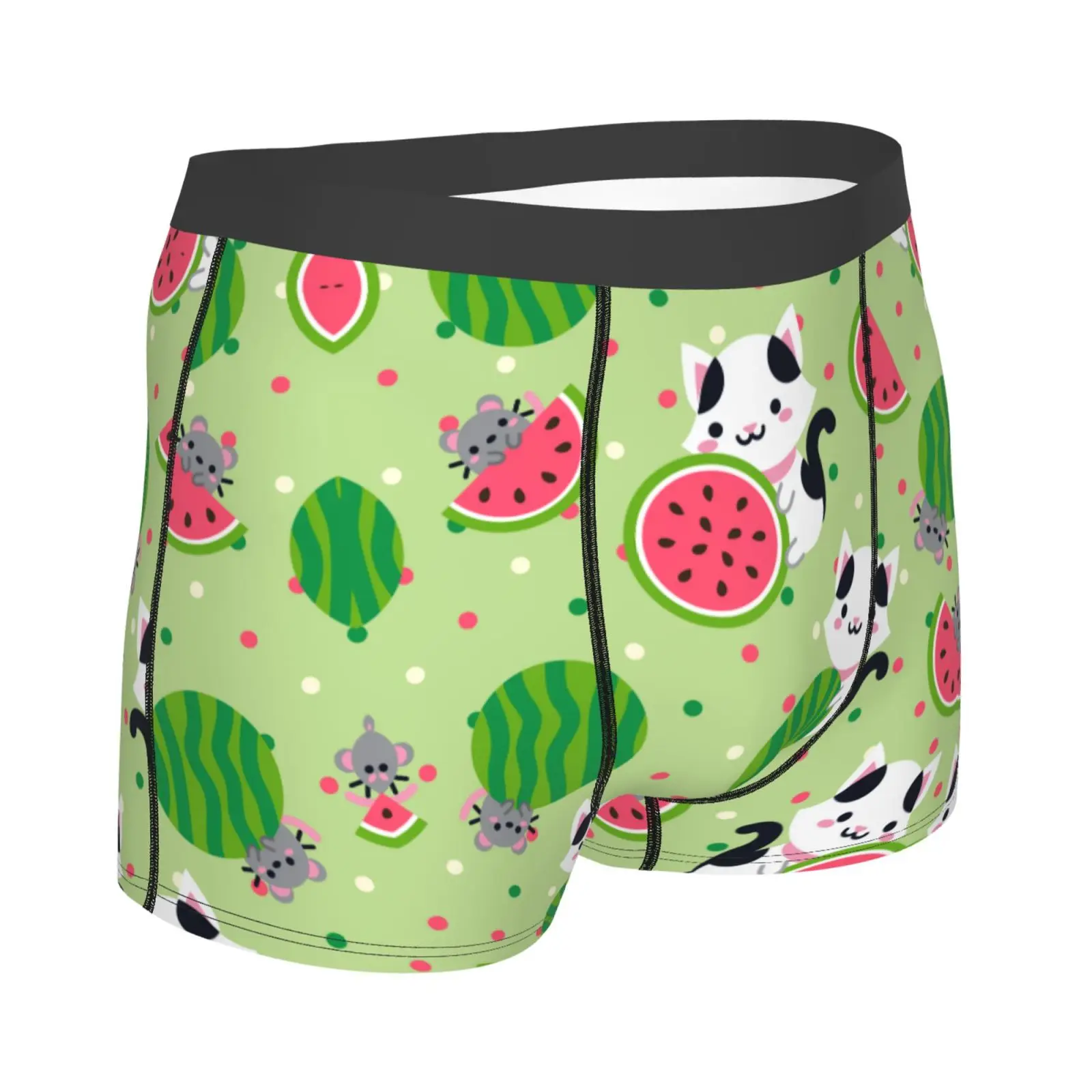 Watermelon Cat Summer Cartoon Underwear Male Underpants Double Sides Printed Soft Breathable Machine Wash Boxers Print