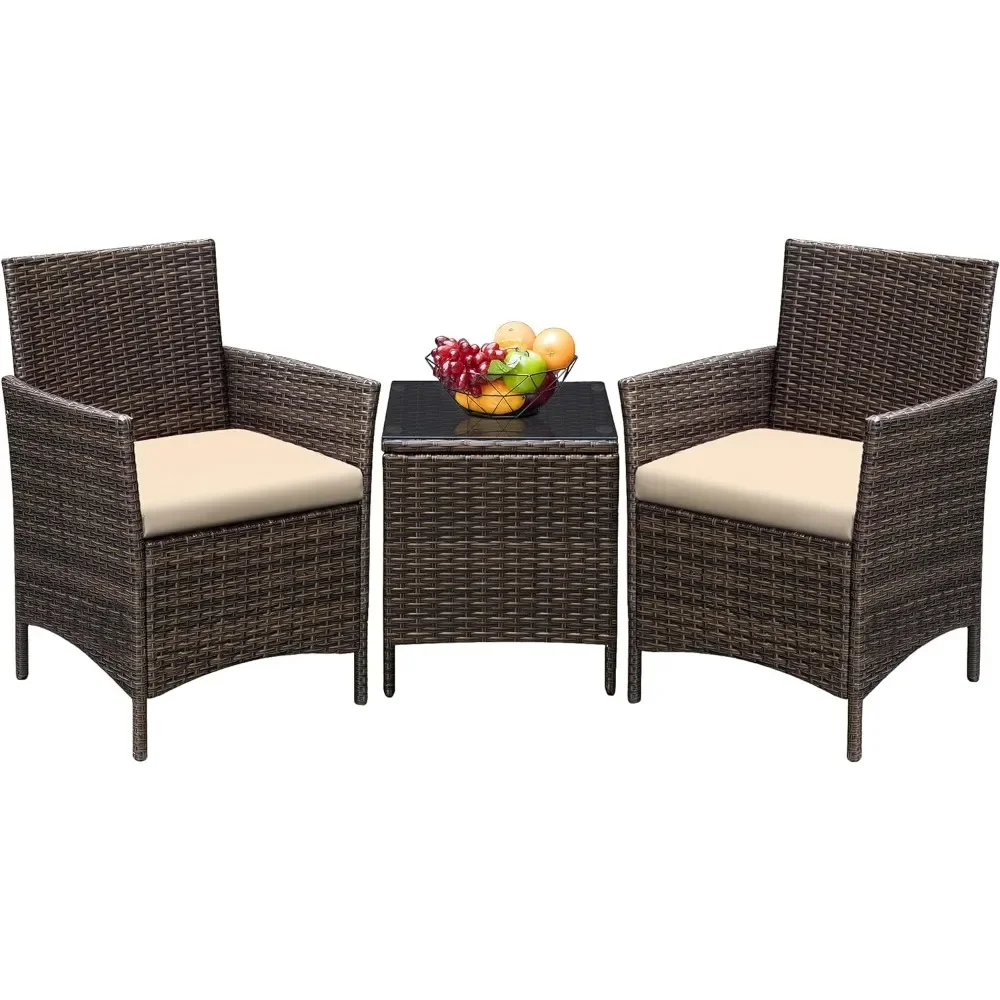 

3 Pieces Furniture Sets Outdoor PE Rattan Wicker Chairs Soft Cushion and Glass Coffee Table for Porch Poolside