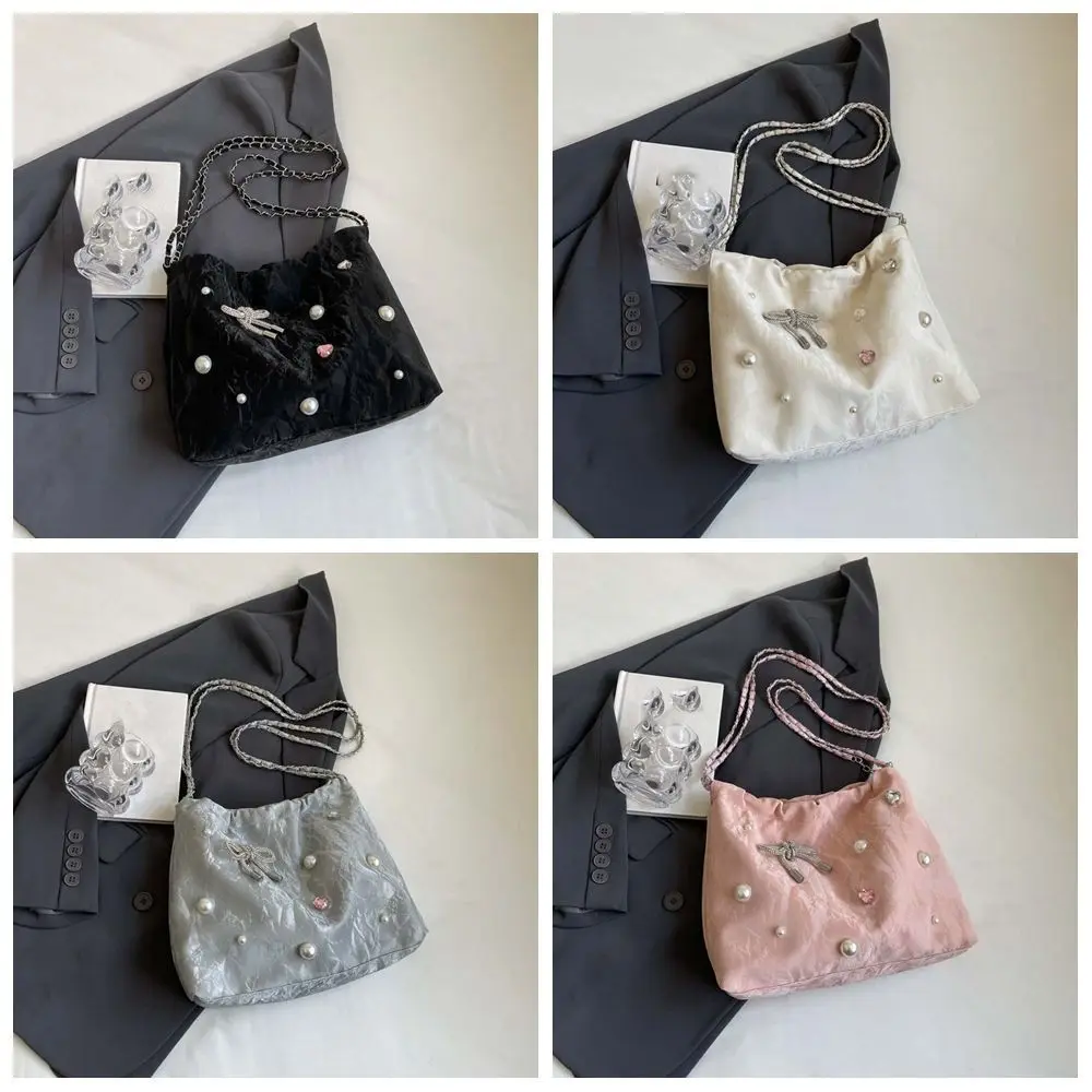 Korean Style PU Bow Shoulder Bag Bucket Bag Handbag Crossbody Bag Minority Design Crossbody Bag Rhinestone Decor Bag Outdoor