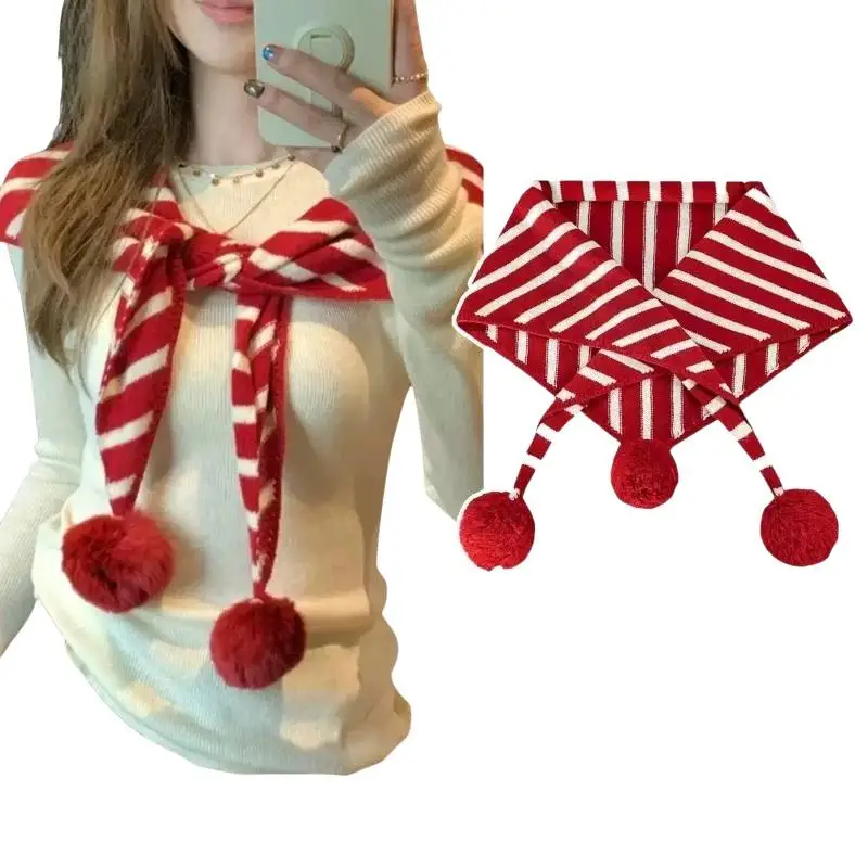 Rot-weiß gestreifter, gestrickter Halstuch-Schal mit flauschigen Pompons, weich und warm, perfekt für den täglichen Gebrauch, Winterausflüge und Weihnachtsfeiern. – Detail 6