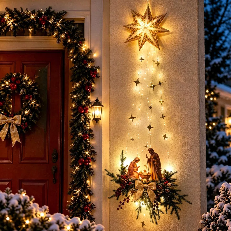 LED Light Up Nativity Scene Wall Decor Christmas Holy Birth Manger Wall Hanging Ornament  Warm Illuminated Cascading Wall Art