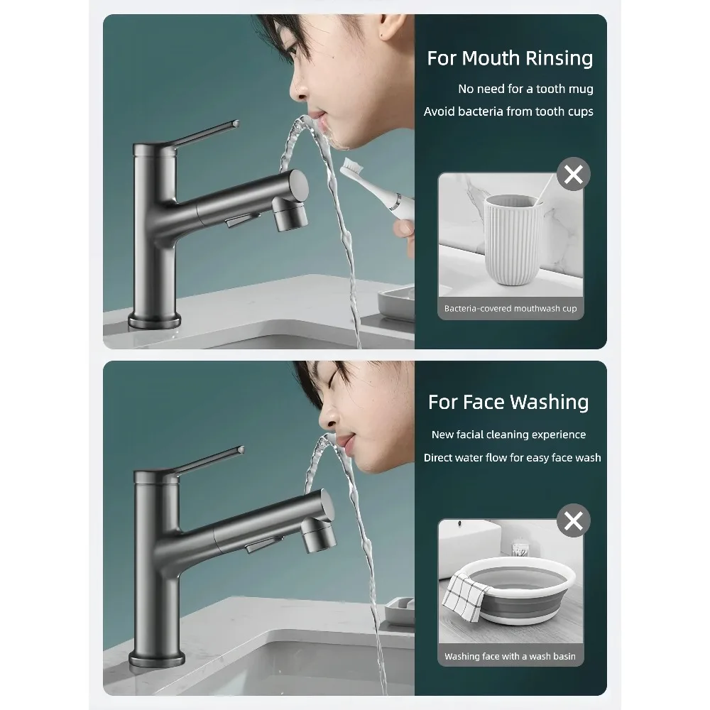 Gun Gray Pull Down Gargle Sink Faucet Single Handle Hot Cold Water Mixer Tap Single Hole Wash Basin Bathroom Renovation Fixtures