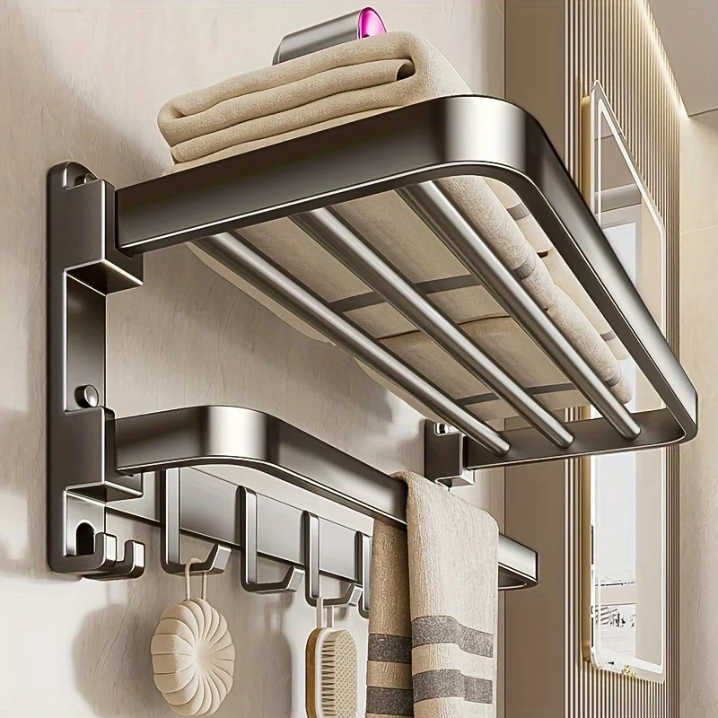 2-Layer Wall Mounted Towel Rack With Hooks - a Foldable Aluminum Bathroom Rack Organizer Suitable For Modern Bathrooms