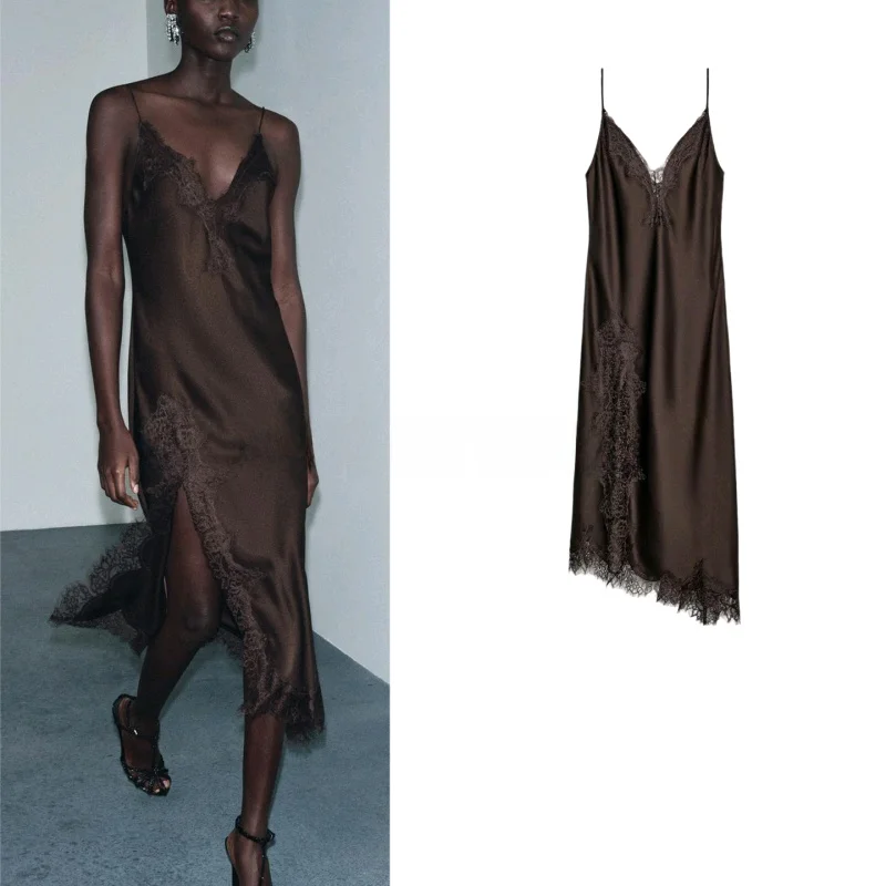 겨울 신상 여성 휴가복 슬리브리스 V넥 비대칭 밑단 레이스 실크 새틴 느낌 하이웨이스트 노슬리브 출퇴근용