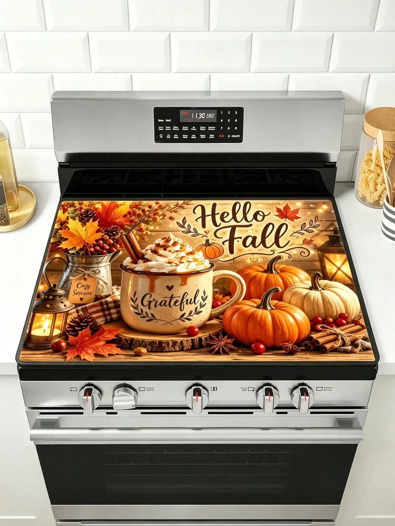 2D Flat Hello Fall Decor For Home Themed Stove Top Cover, Heat Resistant And Wear Resistant Stove Pad, Multi-Use For Gas Stove Top Cover, Oven, Washer And Dryer Top, Reusable And Durable Kitchen Decor And Accessories
