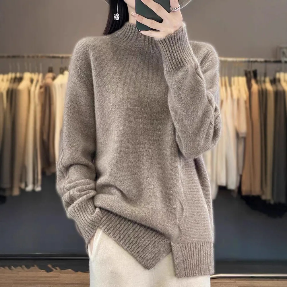 

For Women Loose Knitted Long Half-High Collar Solid Color Sweater Autumn Winter New Style Versatile Base Layer Shirt