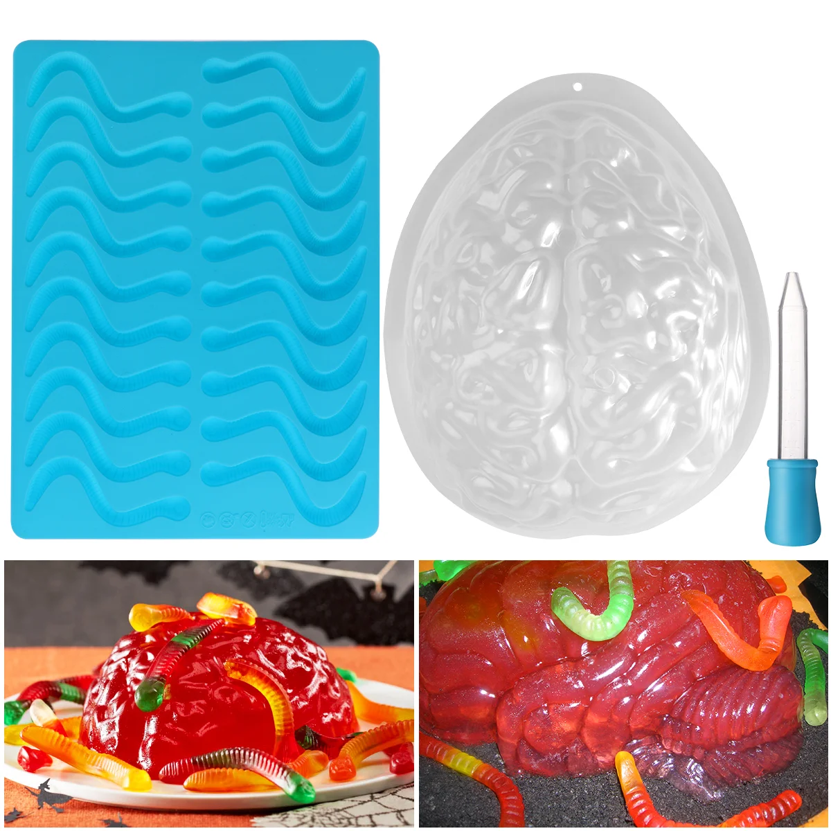 

BESTONZON Halloween Brain Set Gummy Worm Silicone Molds brain gelatin halloween brain gelatin