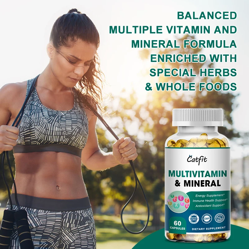 Catfit Multivitamin&Minerals Capsules Men&Women Daily Vitamin Diet Supplement D3 & K2 to Improve Immunity Vitality Hair Skin