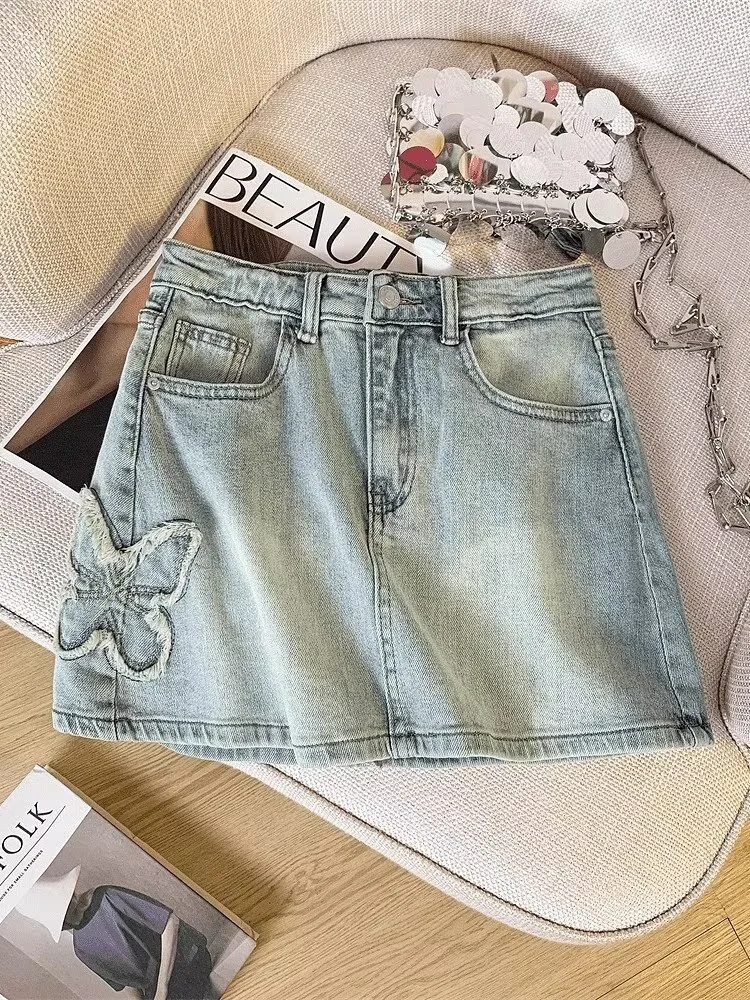 Summer Light Blue Butterfly Embroidery Denim Skirts Women's Korean Retro Fashion High Waist A-Line Spicy Girls Mini Skirts